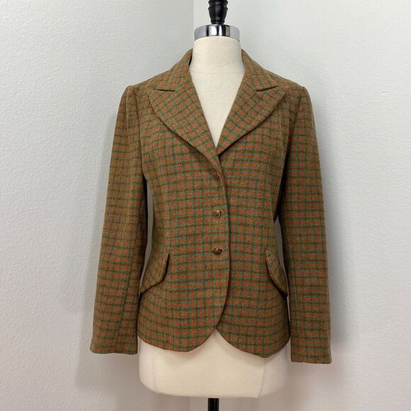 Vintage 60s Womans Wool Blazer Jacket Medium Herringbone Lined Academia Preppy - Picture 2 of 15